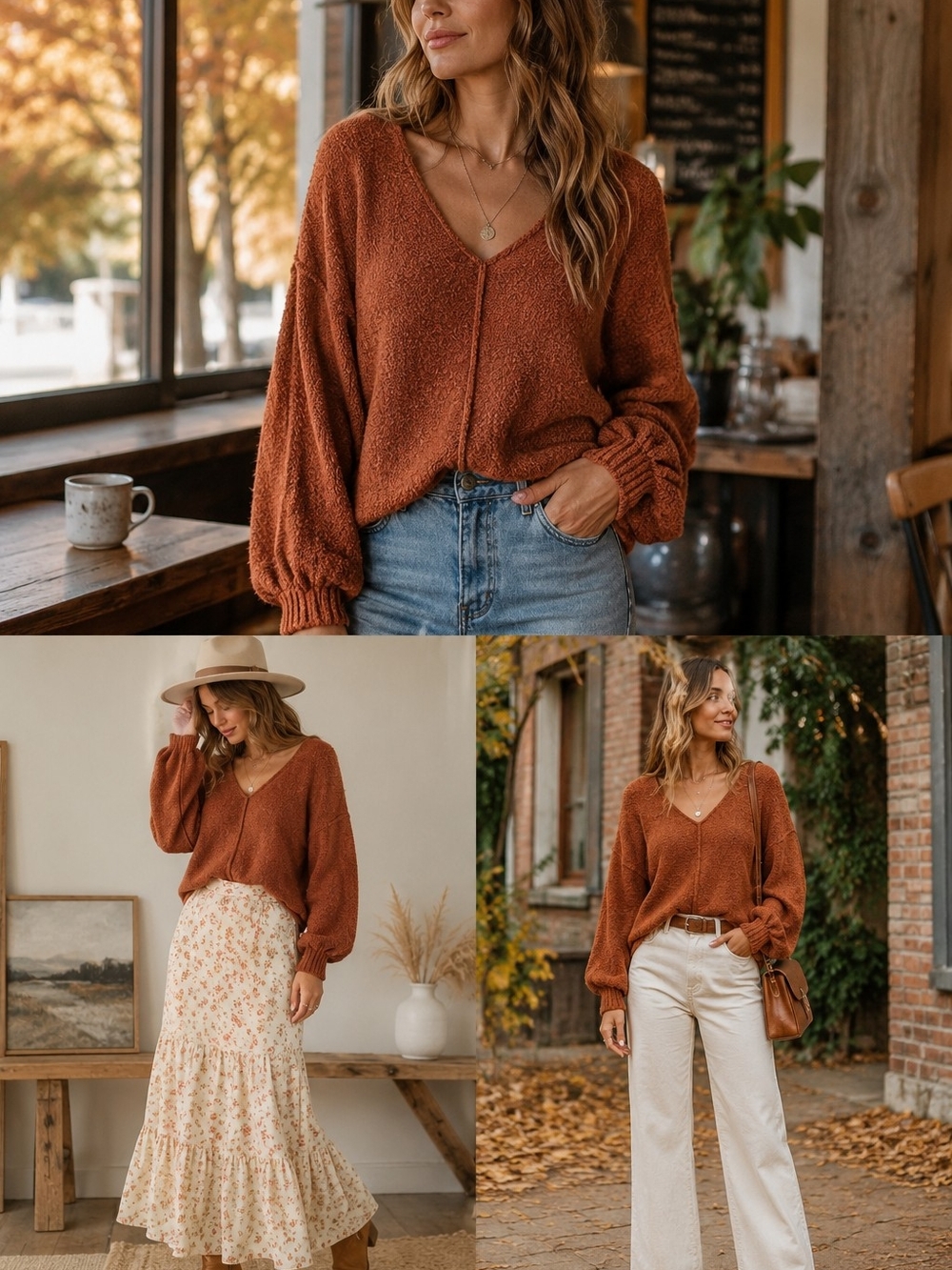 Free People Reverie V-Neck Sweater Burnt Butter Rust Textured Knit Boho